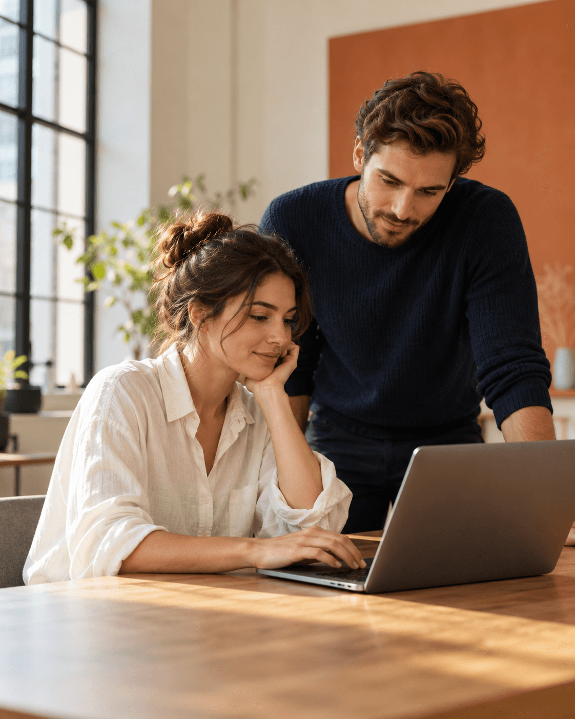 Illustrative scene of software professionals collaborating at a laptop